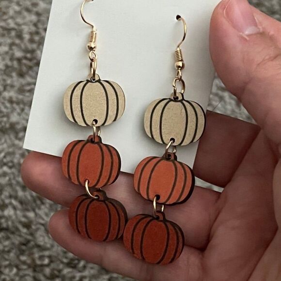 Handmade Tri Color Pumpkin Dangle Earrings - Picture 3 of 5